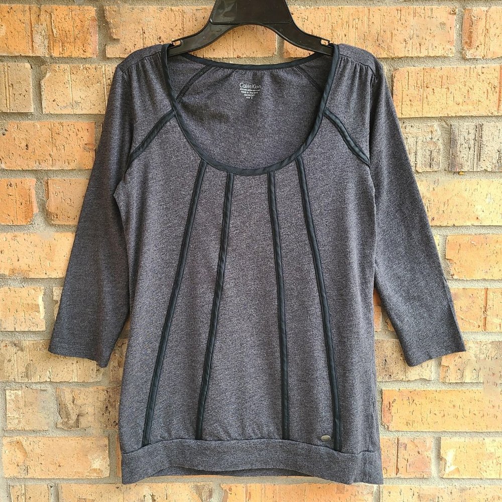 Calvin Klein Knit Top Pullover 3/4 Sleeves Satin Ribbon Trim Charcoal Size S